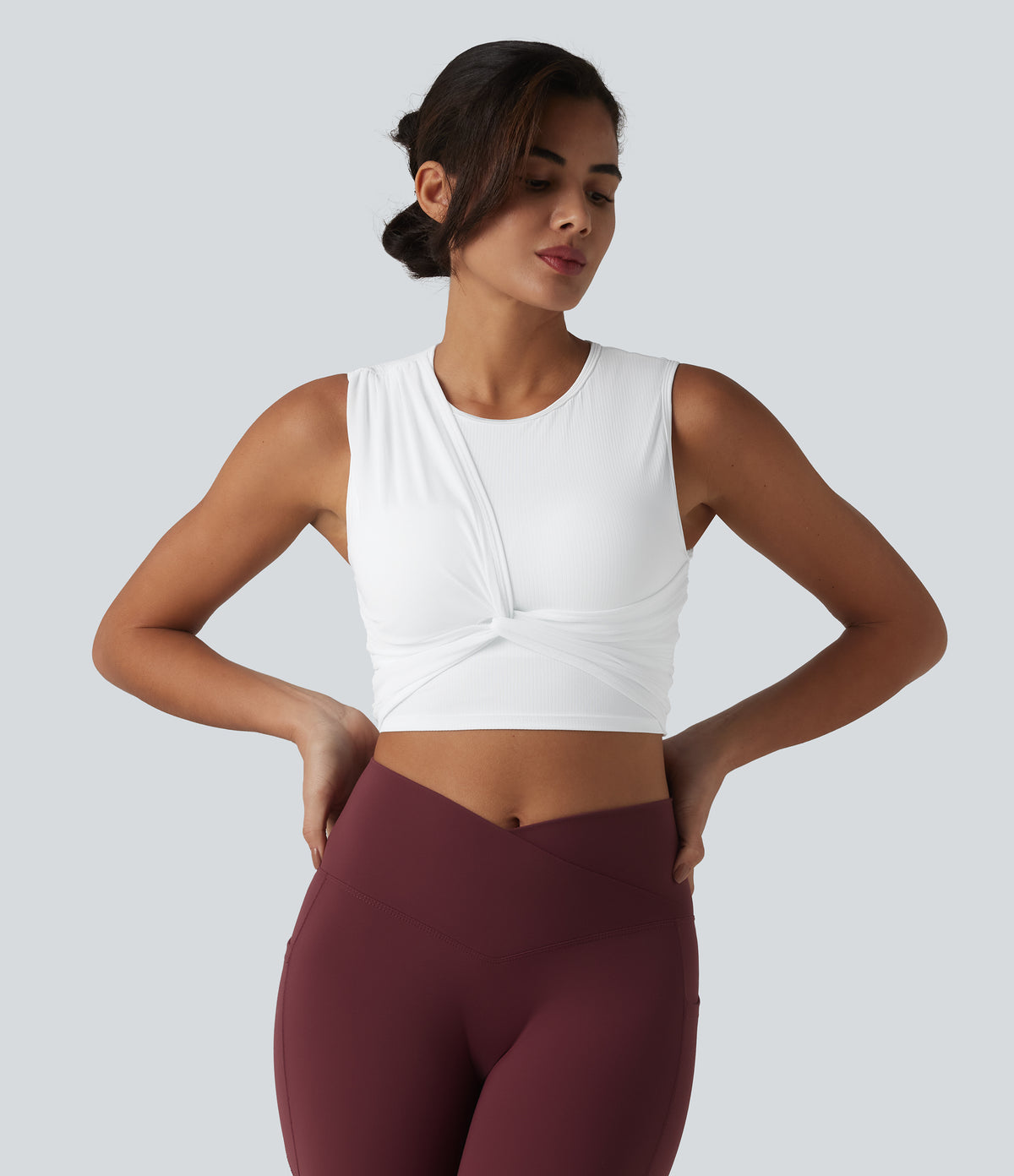 Ribbed Knit Twisted Mesh Overlay Built-in Bra InstantCool Anti-odor Yoga Cropped Tank Top-UPF40+ — Frost White — view 3
