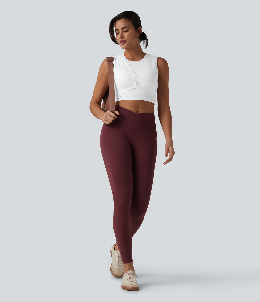 Ribbed Knit Twisted Mesh Overlay Built-in Bra InstantCool Anti-odor Yoga Cropped Tank Top-UPF40+ — Frost White — view 6
