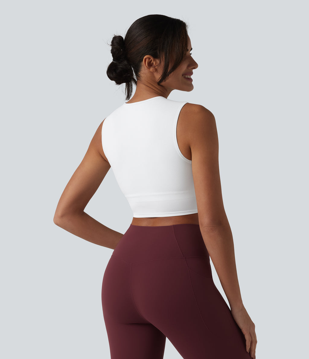 Ribbed Knit Twisted Mesh Overlay Built-in Bra InstantCool Anti-odor Yoga Cropped Tank Top-UPF40+ — Frost White — view 2