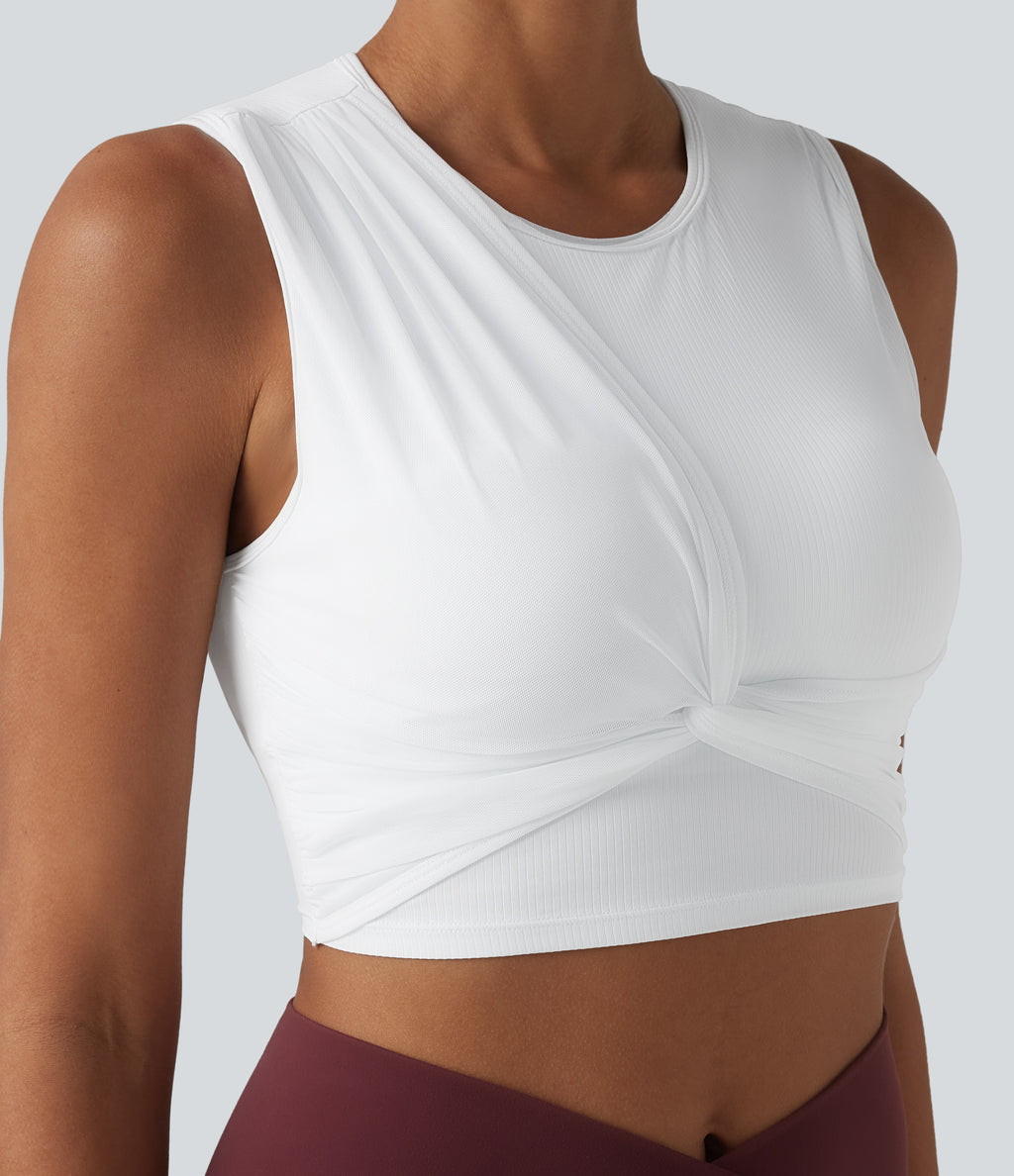 Ribbed Knit Twisted Mesh Overlay Built-in Bra InstantCool Anti-odor Yoga Cropped Tank Top-UPF40+ — Frost White — view 5