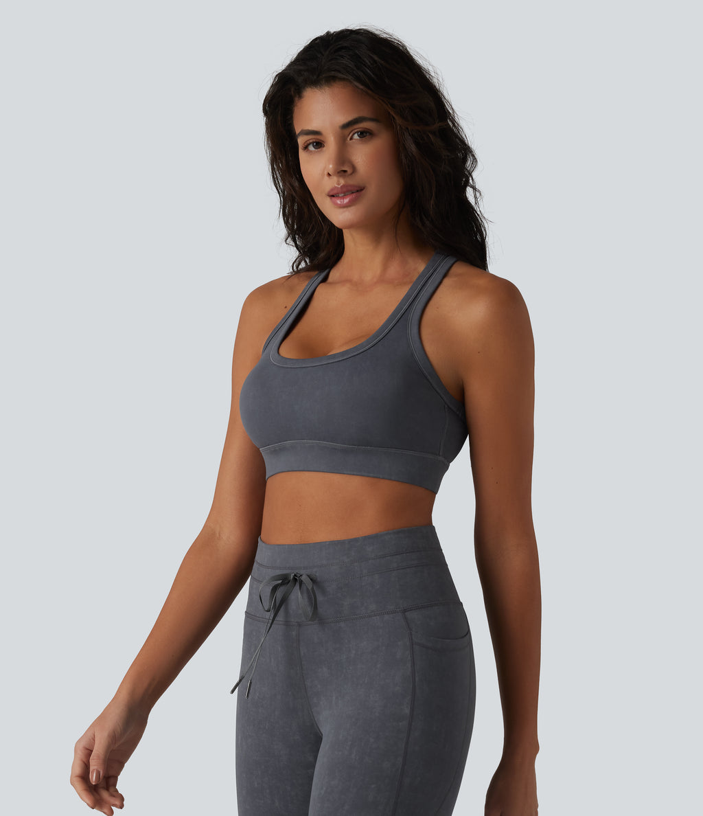 Low Support U Neck Built-in Bra Racerback Yoga Sports Bra — Gray Pinstripe — view 3