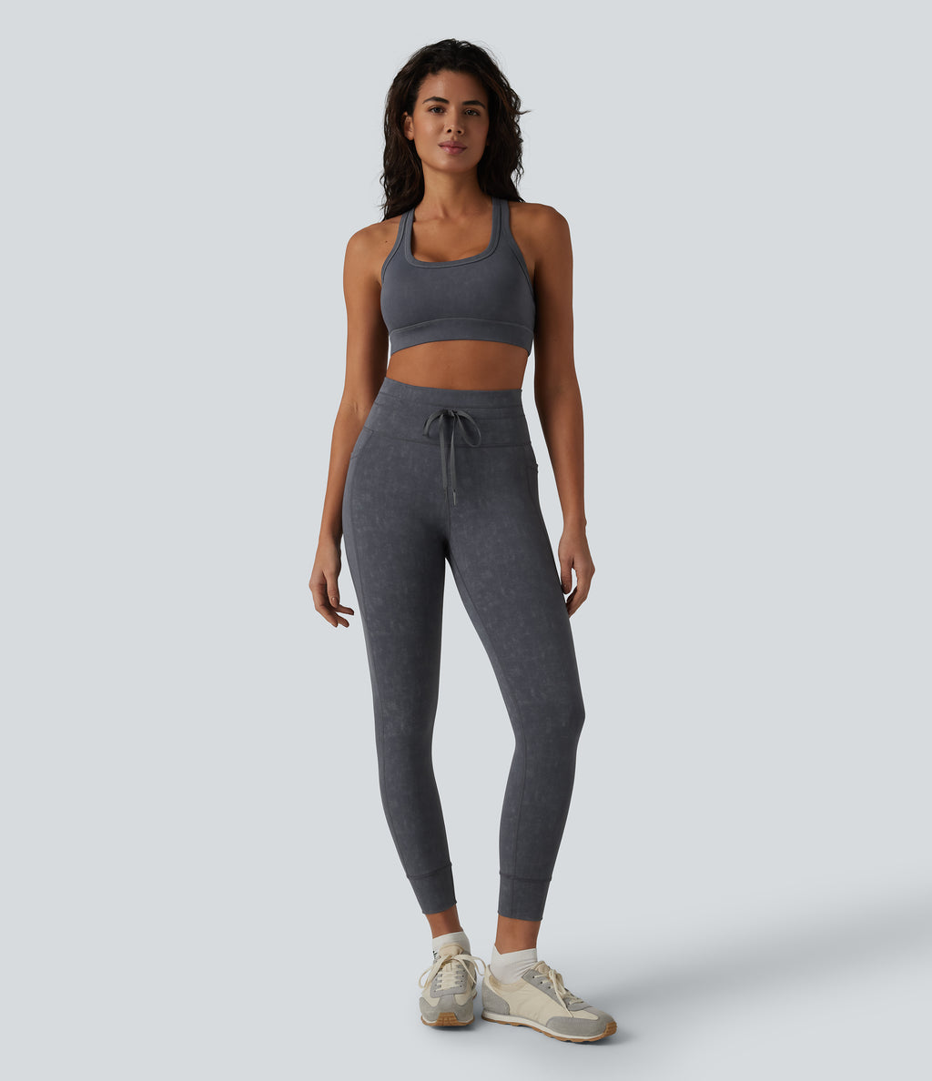 Low Support U Neck Built-in Bra Racerback Yoga Sports Bra — Gray Pinstripe — view 6