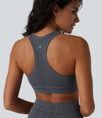 Low Support U Neck Built-in Bra Racerback Yoga Sports Bra — Gray Pinstripe — view 1