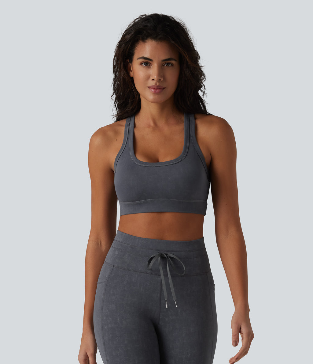 Low Support U Neck Built-in Bra Racerback Yoga Sports Bra — Gray Pinstripe — view 2