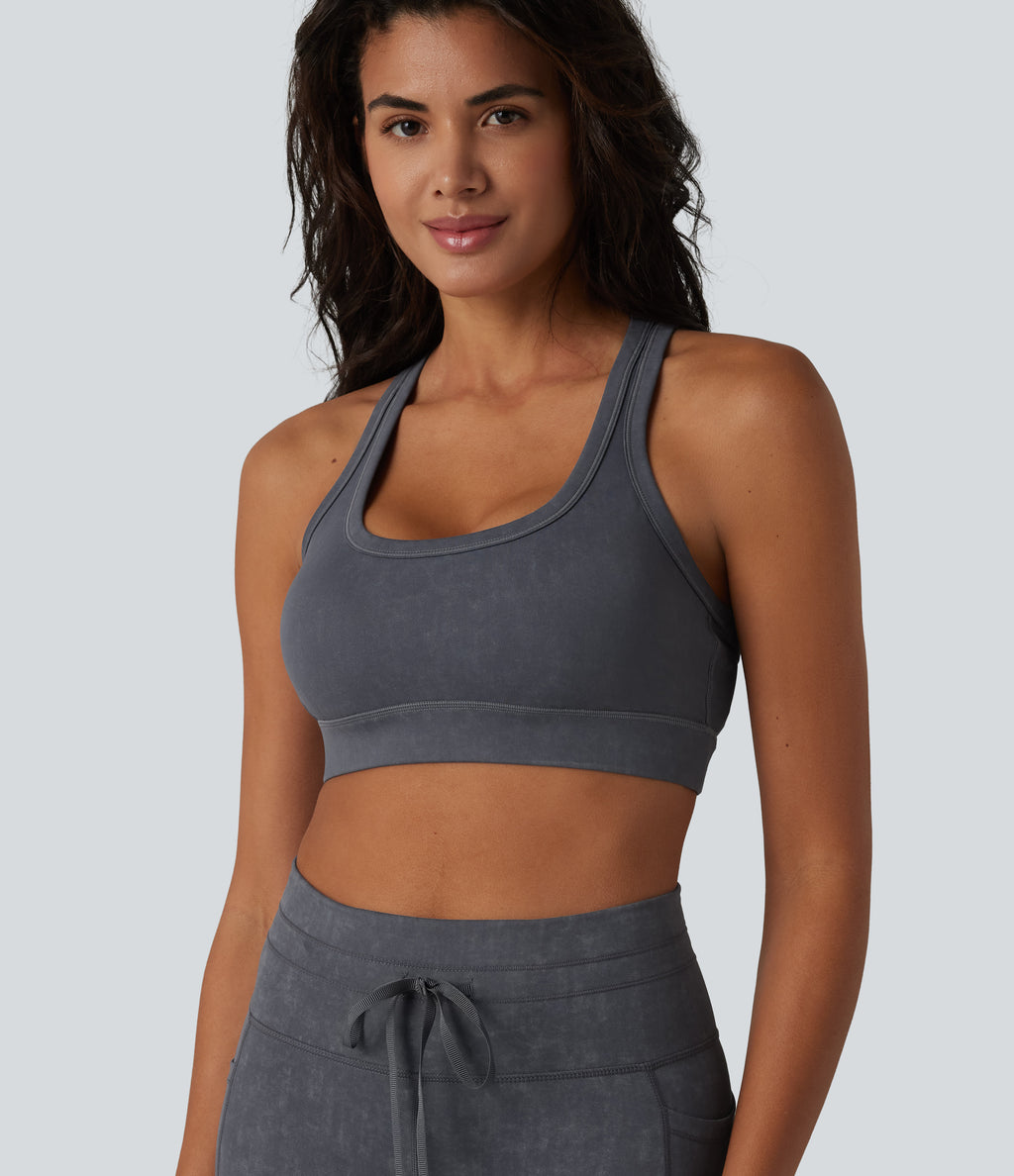 Low Support U Neck Built-in Bra Racerback Yoga Sports Bra — Gray Pinstripe — view 5