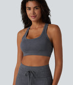 Low Support U Neck Built-in Bra Racerback Yoga Sports Bra — Gray Pinstripe — view 5