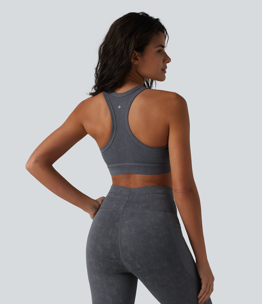 Low Support U Neck Built-in Bra Racerback Yoga Sports Bra — Gray Pinstripe — view 4