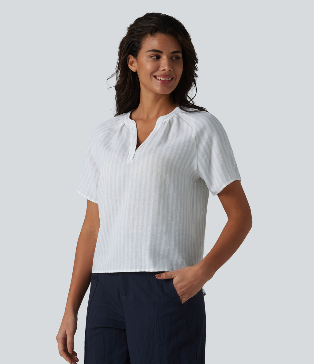 V Neck Short Sleeve Stripe Casual Linen-Feel Blouse — Stone Veil — view 4