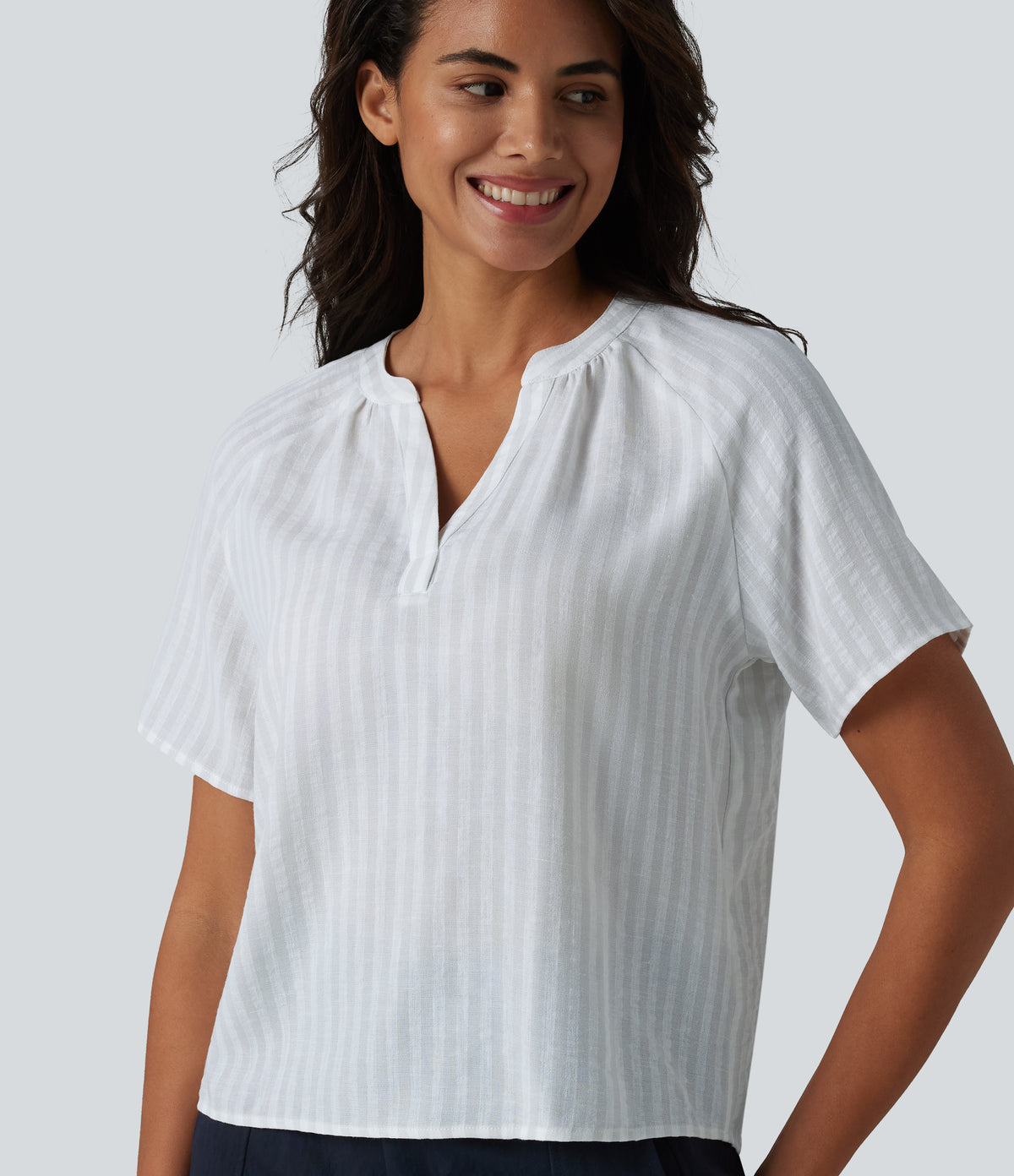 V Neck Short Sleeve Stripe Casual Linen-Feel Blouse — Stone Veil — view 1