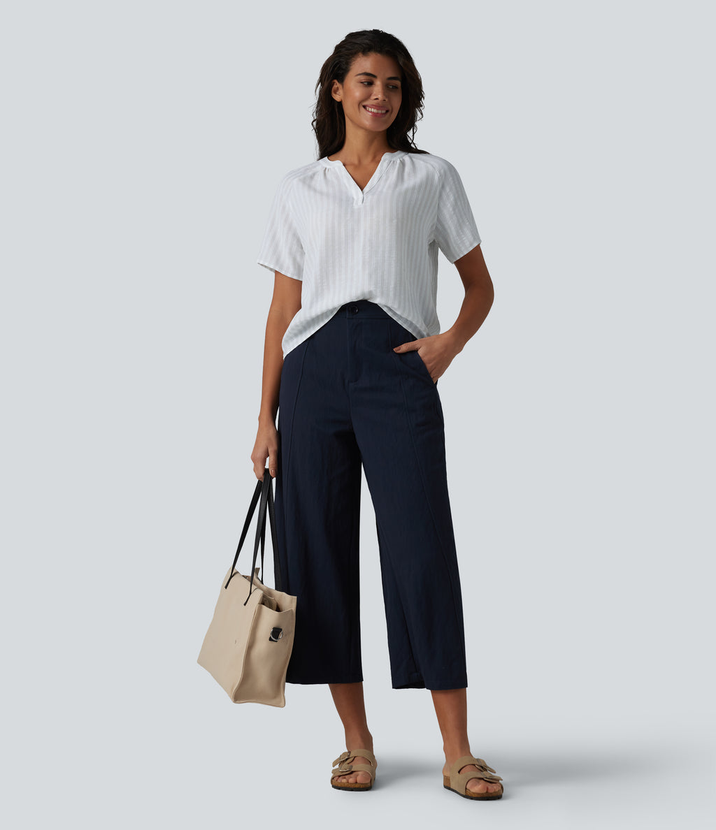 V Neck Short Sleeve Stripe Casual Linen-Feel Blouse — Stone Veil — view 6
