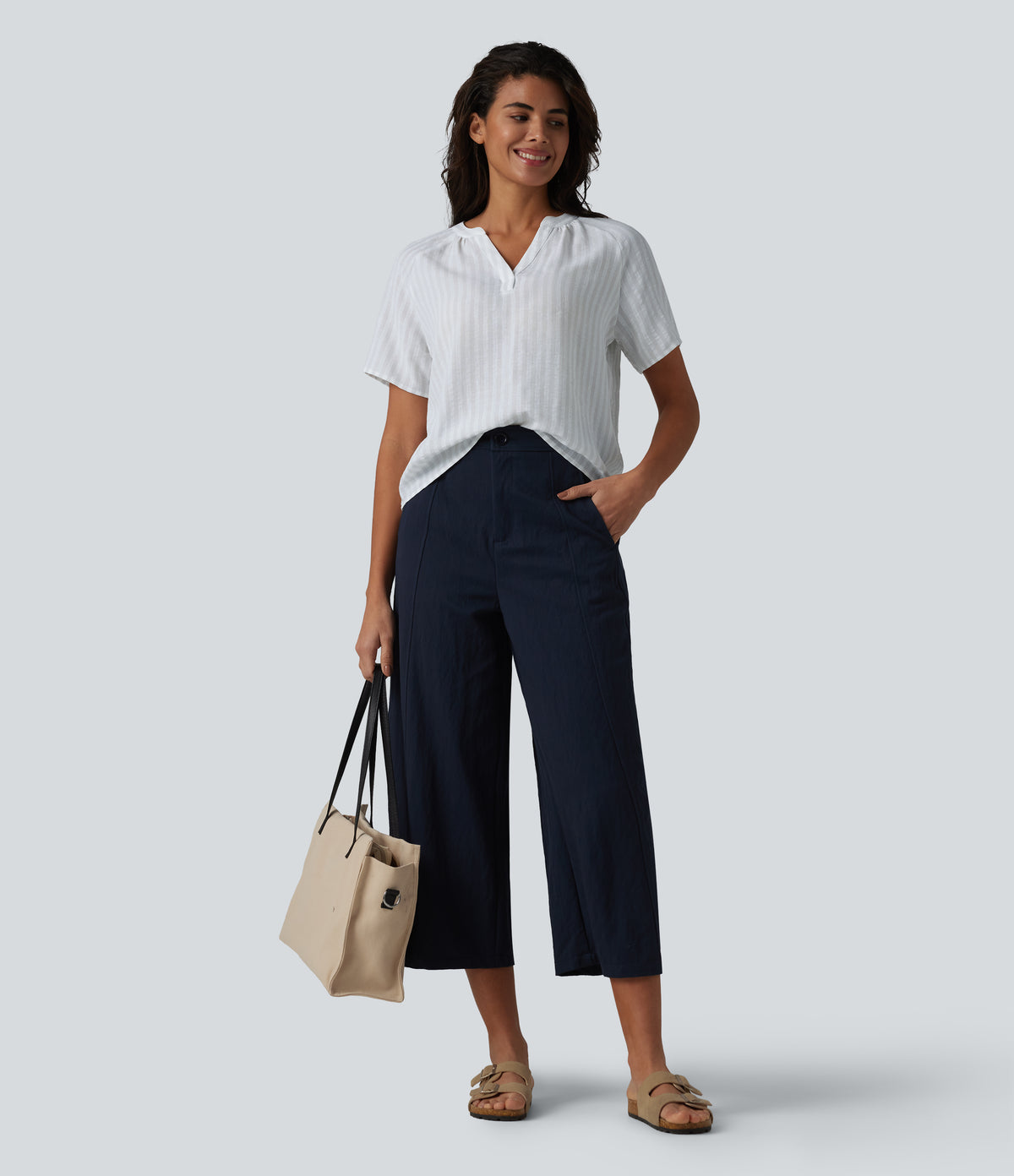 V Neck Short Sleeve Stripe Casual Linen-Feel Blouse — Stone Veil — view 6