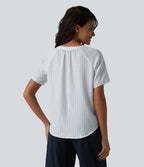 V Neck Short Sleeve Stripe Casual Linen-Feel Blouse — Stone Veil — view 2