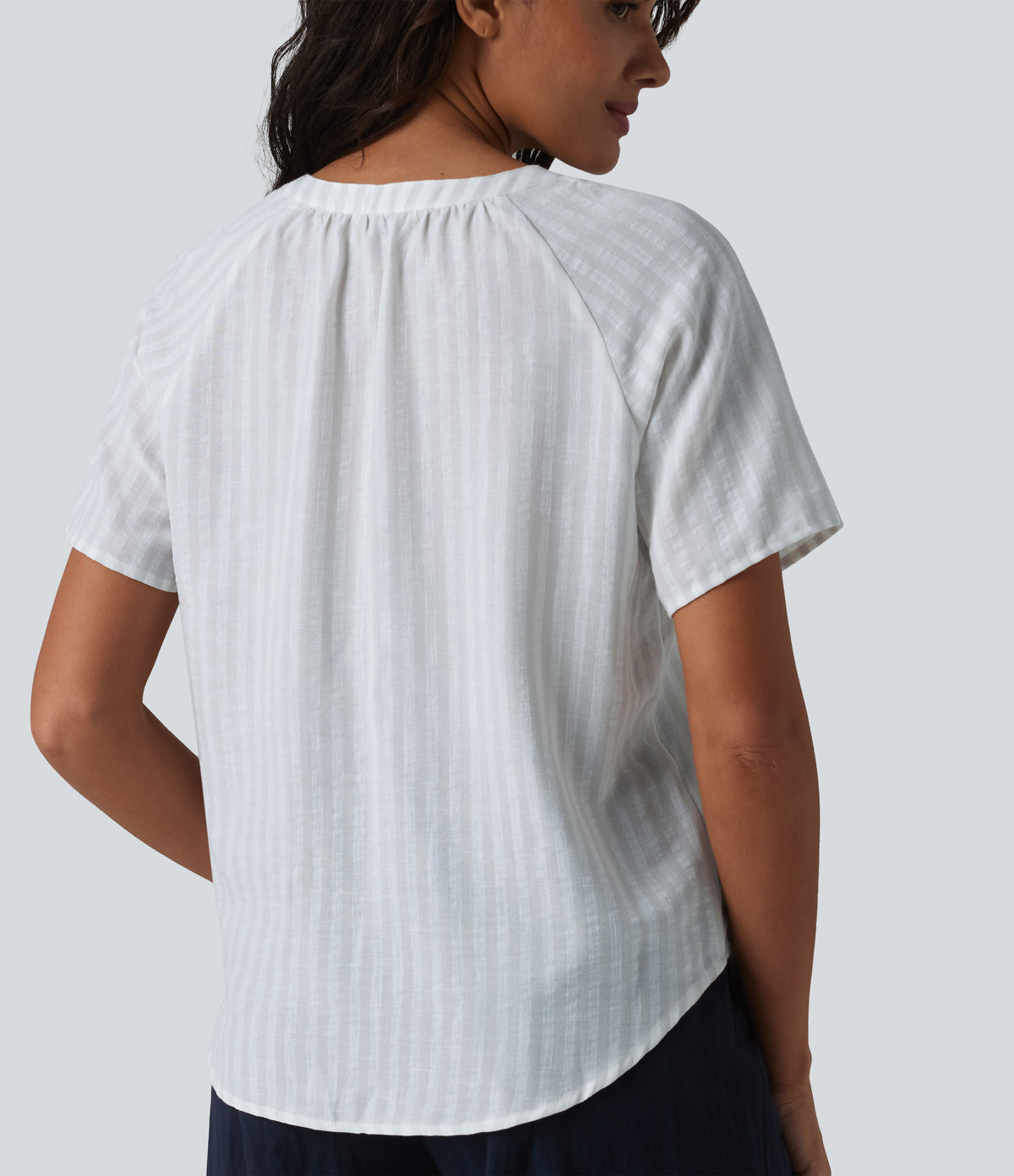 V Neck Short Sleeve Stripe Casual Linen-Feel Blouse — Stone Veil — view 5