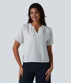 V Neck Short Sleeve Stripe Casual Linen-Feel Blouse — Stone Veil — view 3