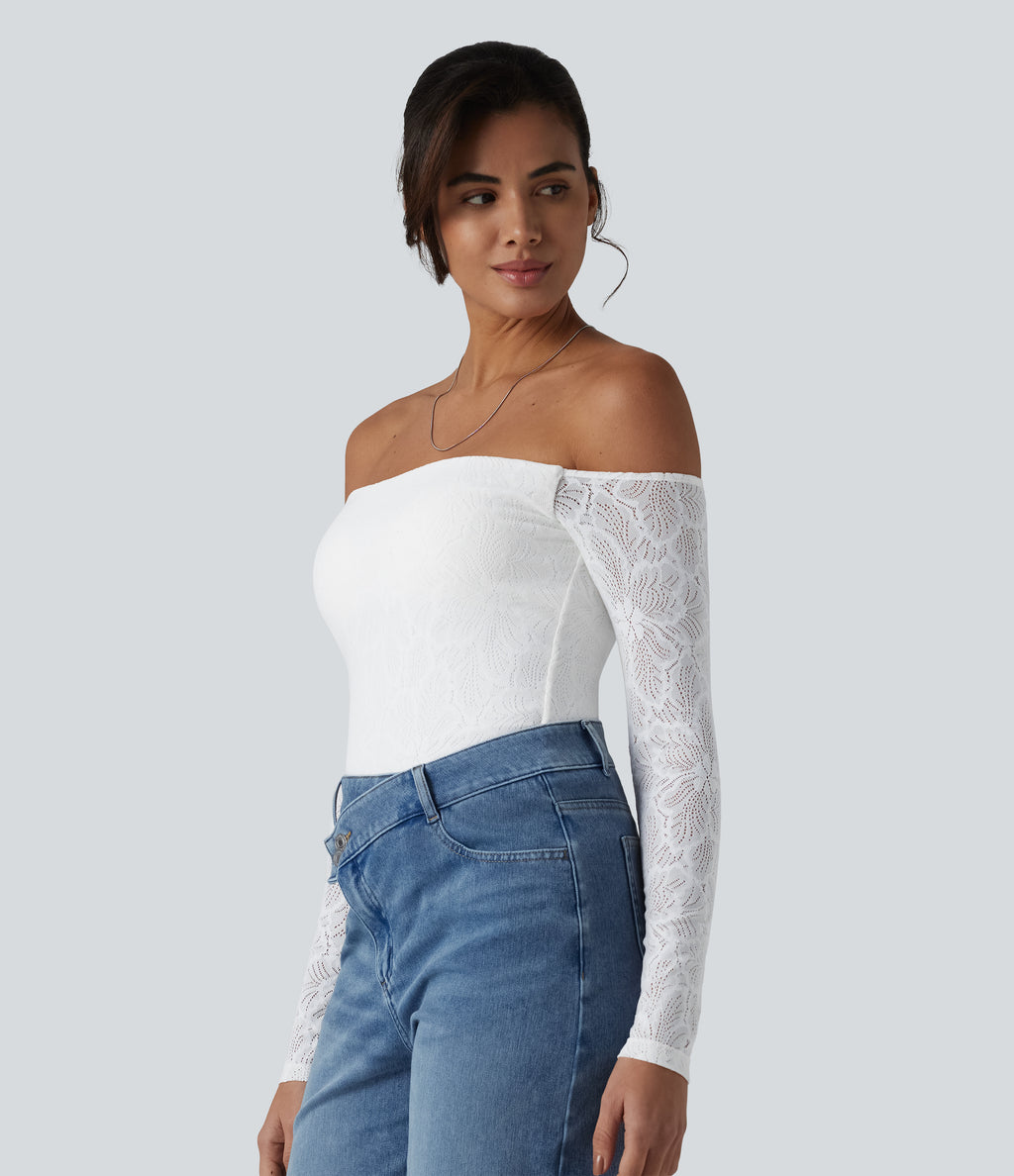 Off Shoulder Built-in Bra Long Sleeve Lace Casual Top — White — view 4
