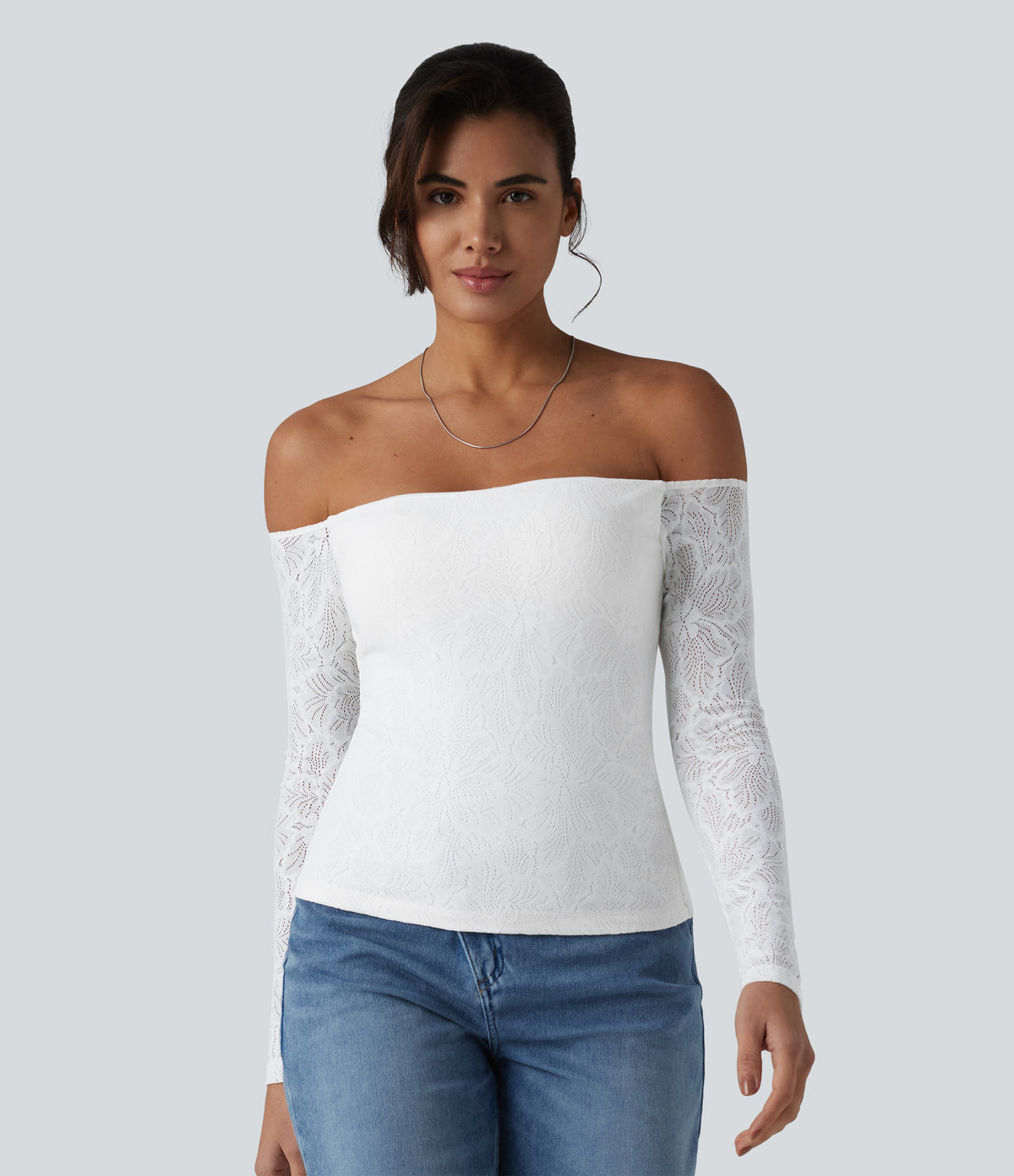 Off Shoulder Built-in Bra Long Sleeve Lace Casual Top — White — view 6