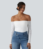 Off Shoulder Built-in Bra Long Sleeve Lace Casual Top — White — view 3