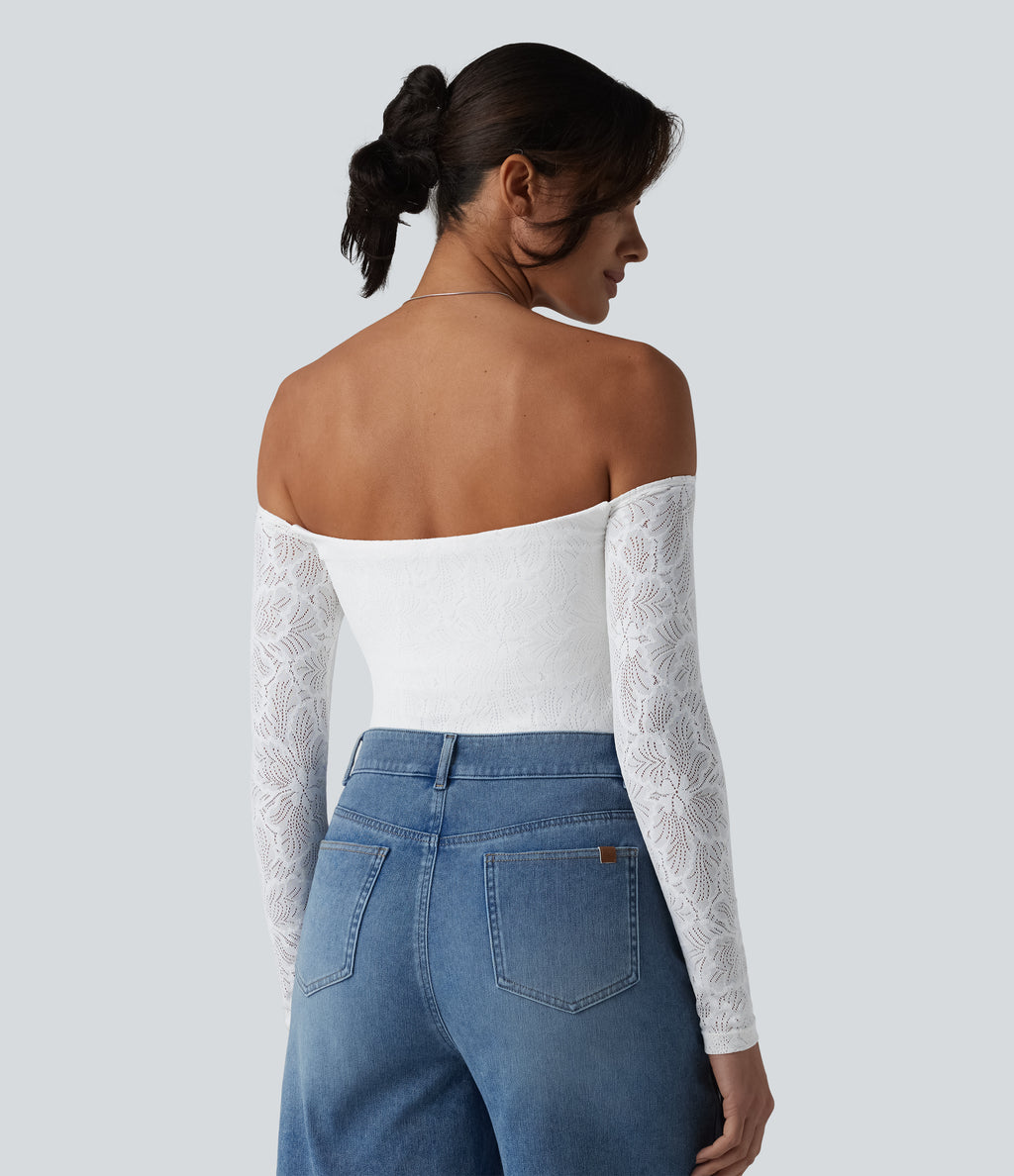 Off Shoulder Built-in Bra Long Sleeve Lace Casual Top — White — view 2