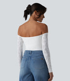 Off Shoulder Built-in Bra Long Sleeve Lace Casual Top — White — view 2