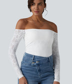 Off Shoulder Built-in Bra Long Sleeve Lace Casual Top — White — view 5