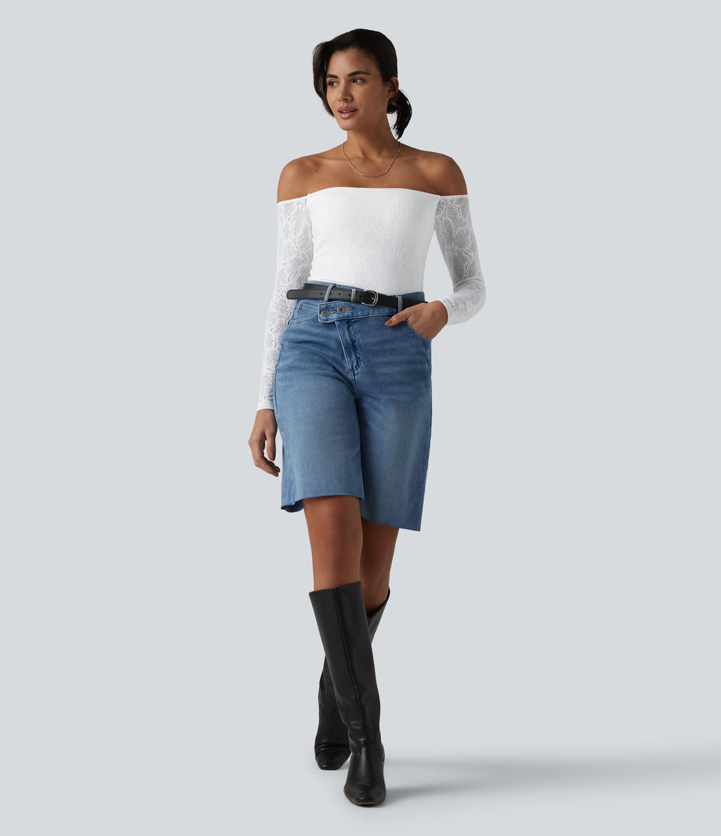 Off Shoulder Built-in Bra Long Sleeve Lace Casual Top — White — view 7