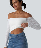 Off Shoulder Built-in Bra Long Sleeve Lace Casual Top — White — view 1