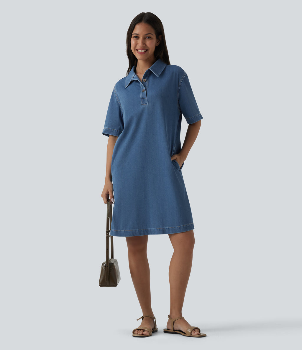 Short Sleeve Denim Mini Casual Dress with Pockets — Tide Blue Denim — view 6