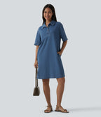 Short Sleeve Denim Mini Casual Dress with Pockets — Tide Blue Denim — view 6