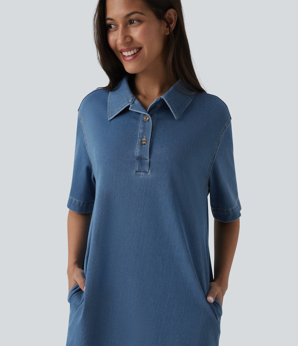 Short Sleeve Denim Mini Casual Dress with Pockets — Tide Blue Denim — view 4