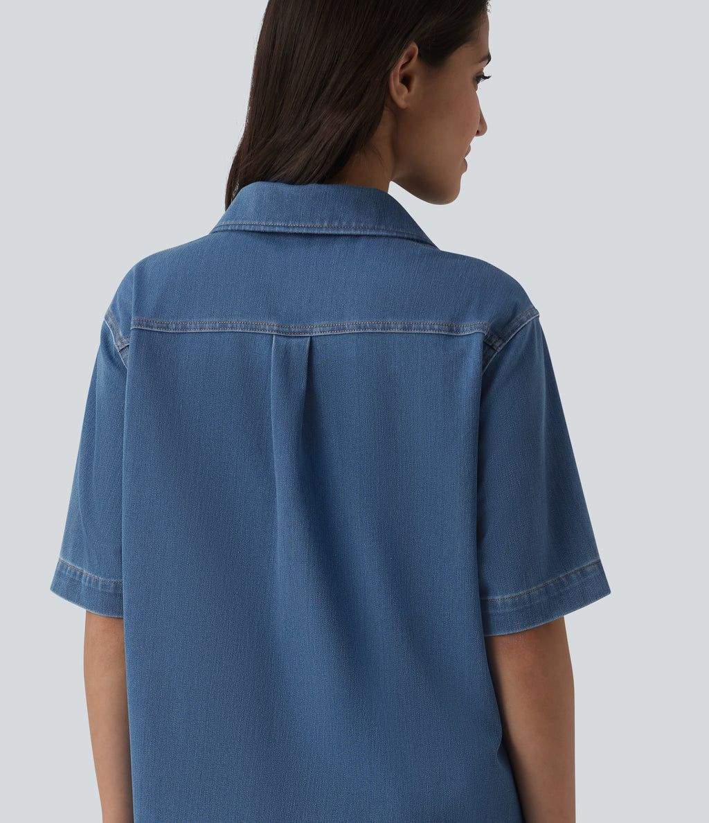Short Sleeve Denim Mini Casual Dress with Pockets — Tide Blue Denim — view 5