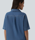 Short Sleeve Denim Mini Casual Dress with Pockets — Tide Blue Denim — view 5