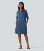 Short Sleeve Denim Mini Casual Dress with Pockets — Tide Blue Denim — view 1