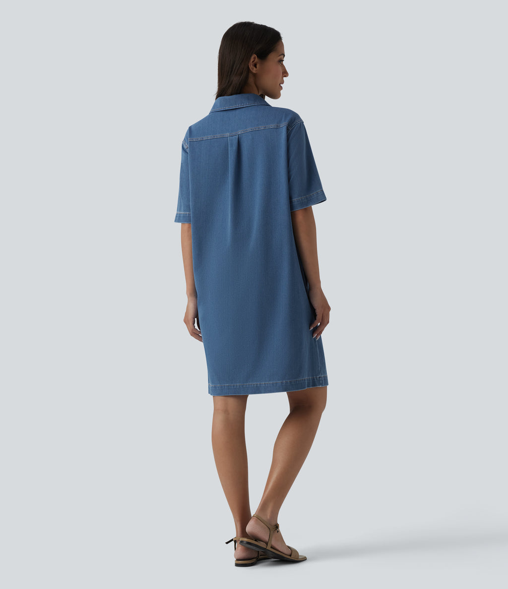 Short Sleeve Denim Mini Casual Dress with Pockets — Tide Blue Denim — view 2