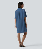 Short Sleeve Denim Mini Casual Dress with Pockets — Tide Blue Denim — view 2
