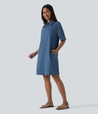 Short Sleeve Denim Mini Casual Dress with Pockets — Tide Blue Denim — view 3