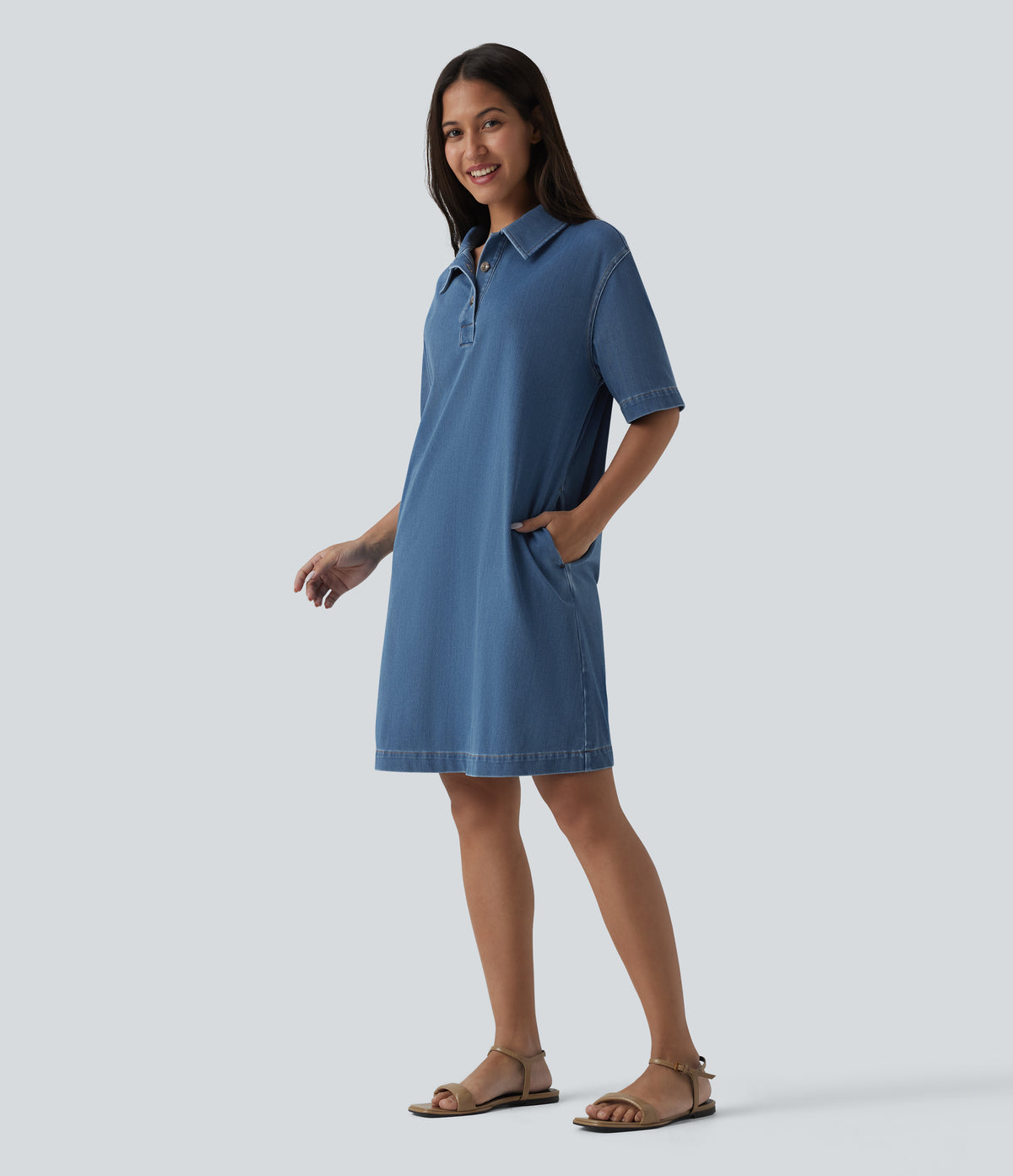 Short Sleeve Denim Mini Casual Dress with Pockets — Tide Blue Denim — view 3
