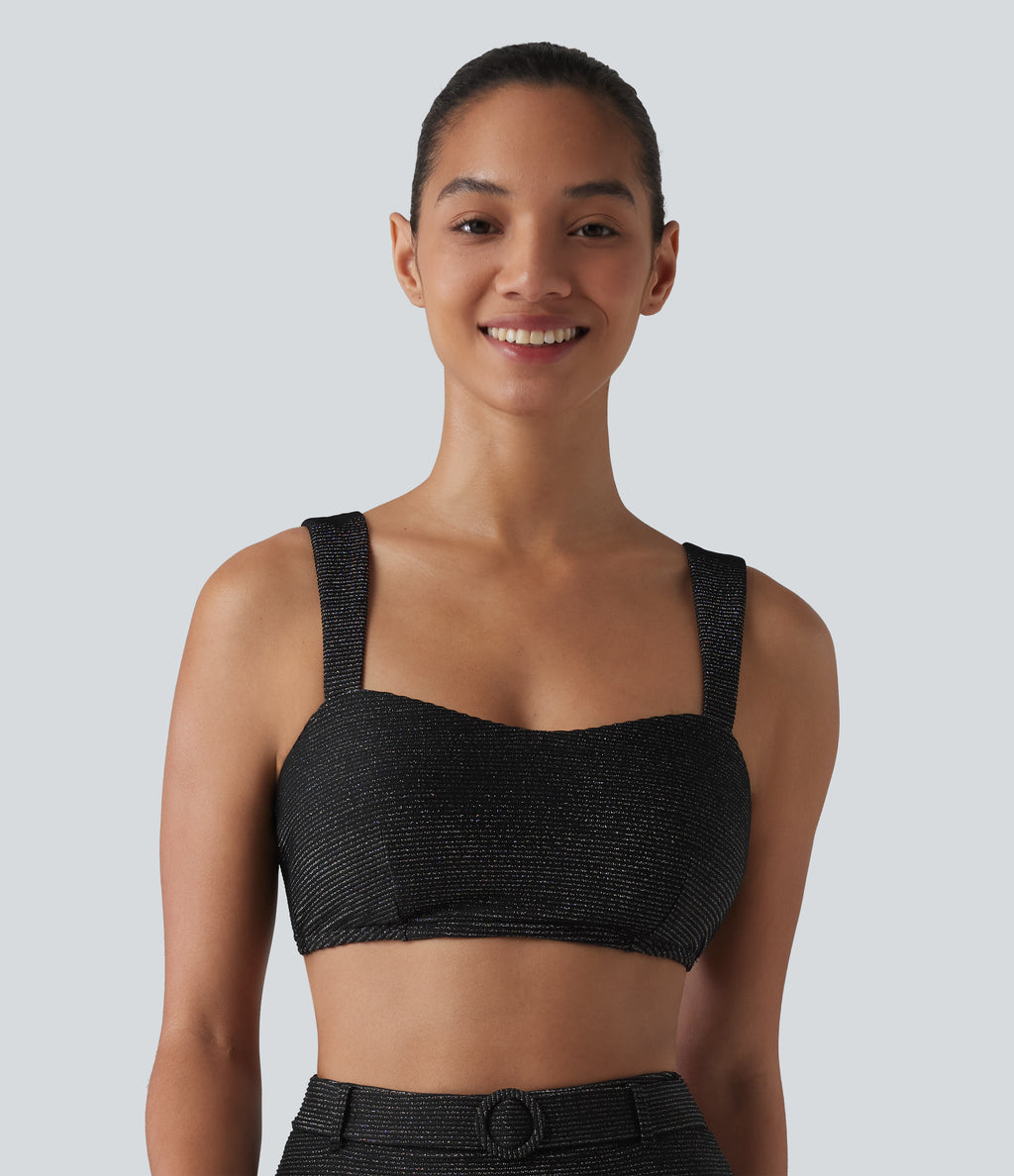 Push-Up Square Neck Stripes Sparkle Bikini Top Swimsuit — Black — view 6