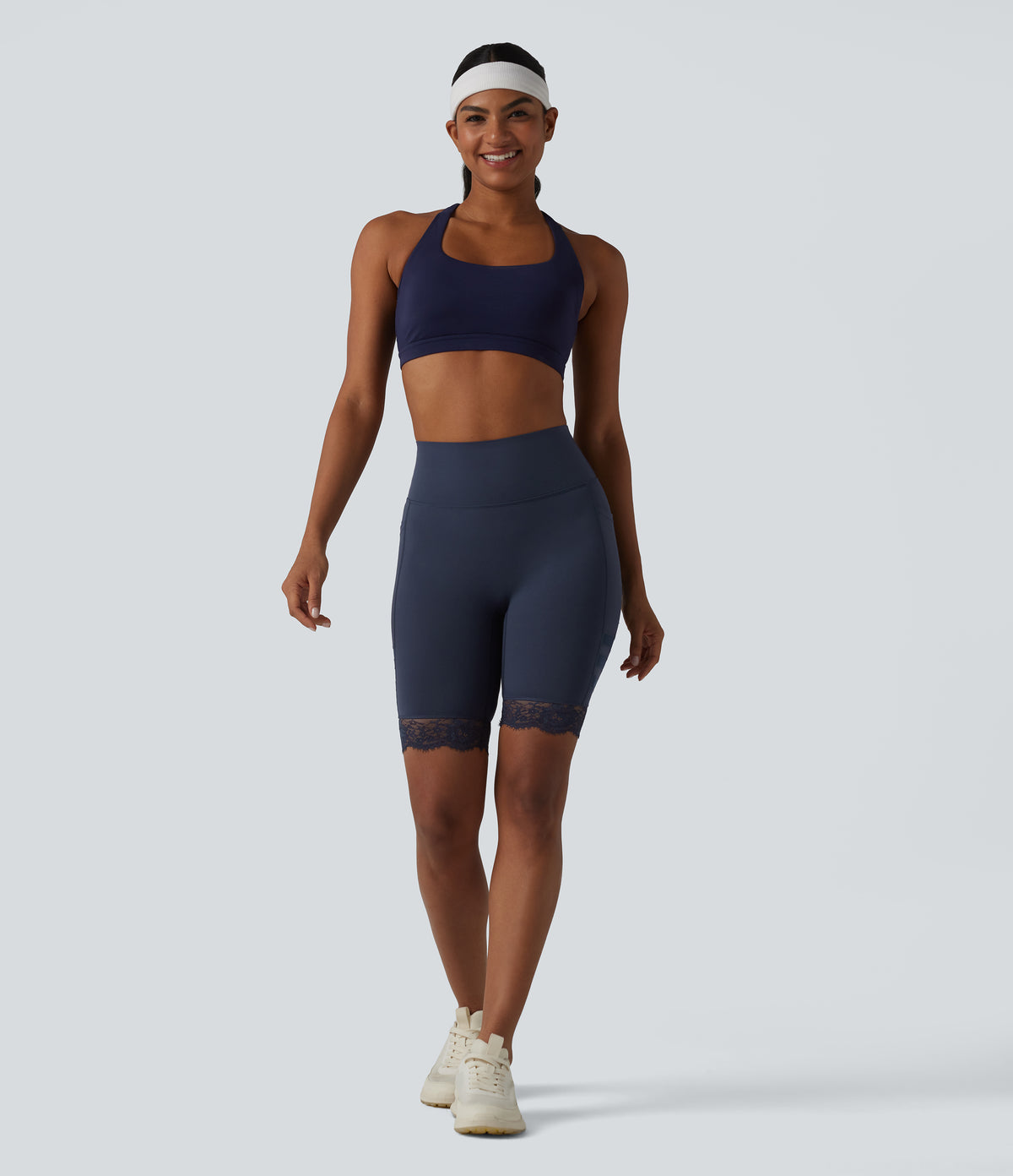 High Waisted Tummy Control Breathable Mesh Contrast Lace Yoag Biker Shorts 9'' with Pockets — Mood Indigo — view 6