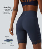 High Waisted Tummy Control Breathable Mesh Contrast Lace Yoag Biker Shorts 9'' with Pockets — Mood Indigo — view 1