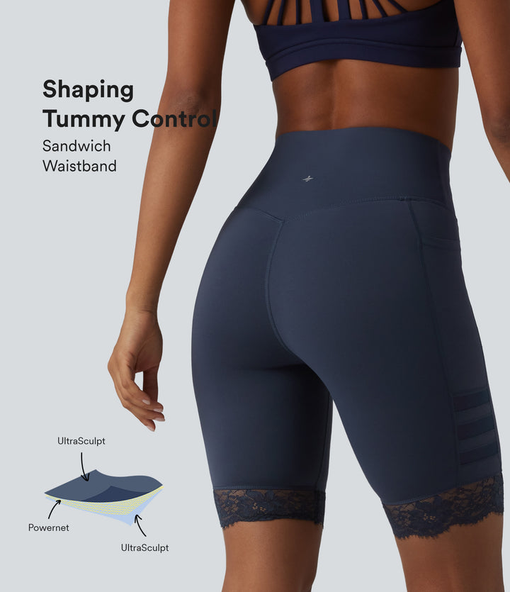 High Waisted Tummy Control Breathable Mesh Contrast Lace Yoag Biker Shorts 9'' with Pockets — Mood Indigo — view 1
