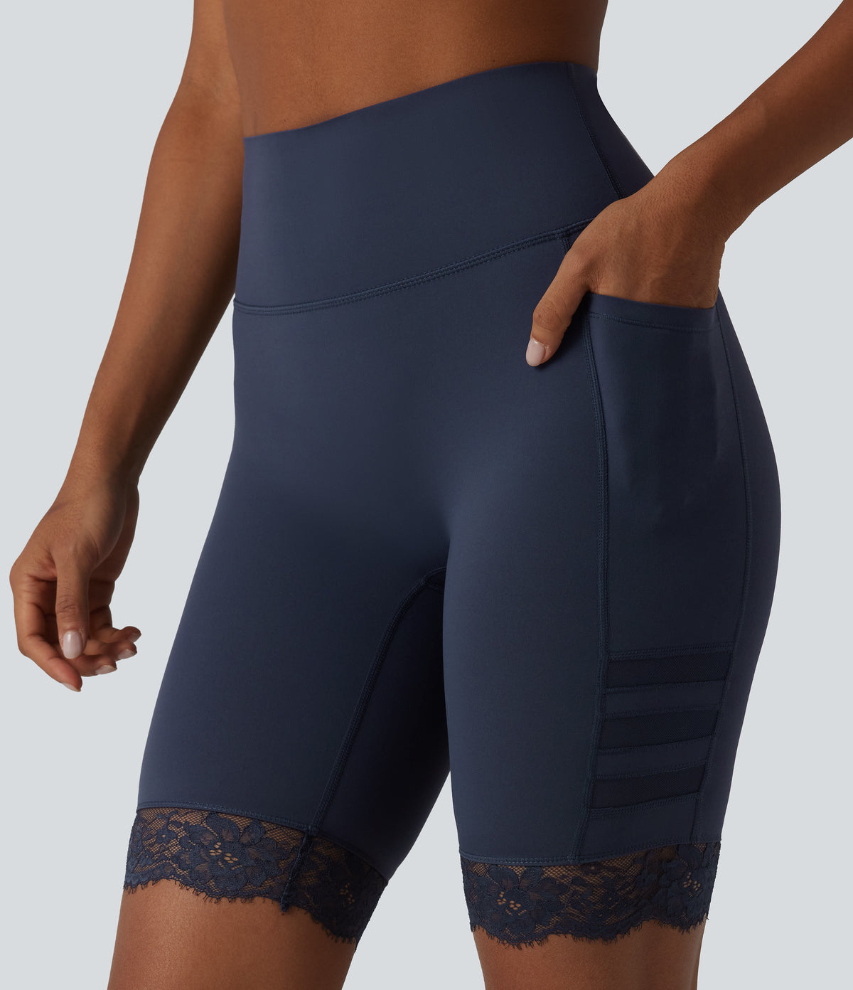 High Waisted Tummy Control Breathable Mesh Contrast Lace Yoag Biker Shorts 9'' with Pockets — Mood Indigo — view 4