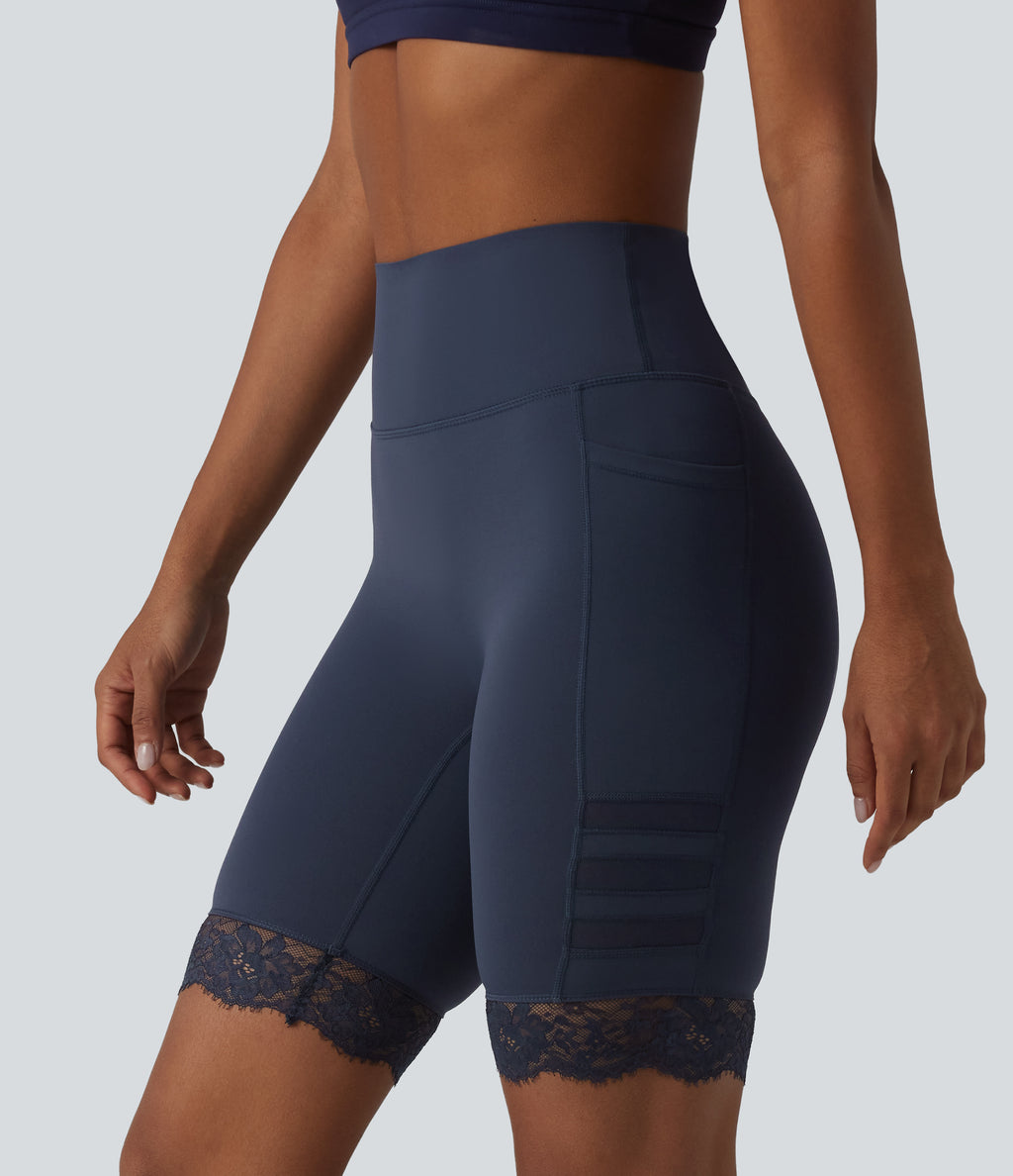 High Waisted Tummy Control Breathable Mesh Contrast Lace Yoag Biker Shorts 9'' with Pockets — Mood Indigo — view 2