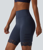 High Waisted Tummy Control Breathable Mesh Contrast Lace Yoag Biker Shorts 9'' with Pockets — Mood Indigo — view 2