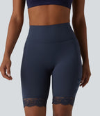 High Waisted Tummy Control Breathable Mesh Contrast Lace Yoag Biker Shorts 9'' with Pockets — Mood Indigo — view 3