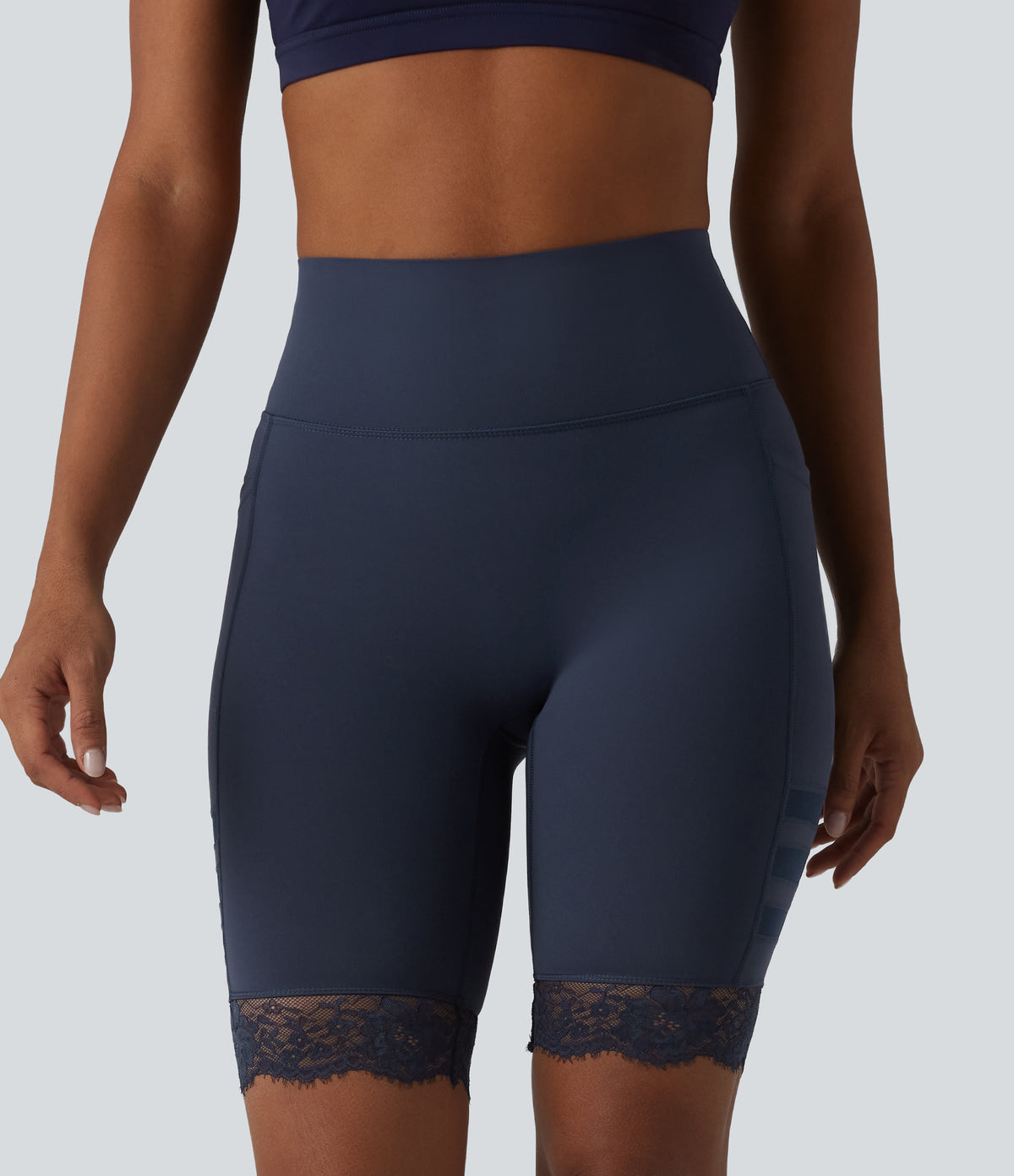 High Waisted Tummy Control Breathable Mesh Contrast Lace Yoag Biker Shorts 9'' with Pockets — Mood Indigo — view 3