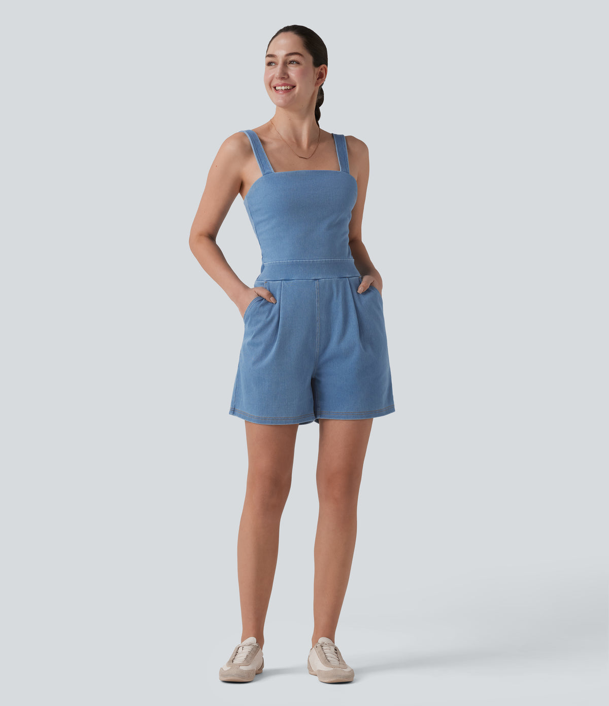 Denim Square Neck Sleeveless Casual Playsuit with Pockets — Vallarta Blue Denim — view 7