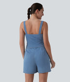 Denim Square Neck Sleeveless Casual Playsuit with Pockets — Vallarta Blue Denim — view 2