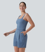 Denim Square Neck Sleeveless Casual Playsuit with Pockets — Vallarta Blue Denim — view 3