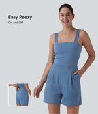 Denim Square Neck Sleeveless Casual Playsuit with Pockets — Vallarta Blue Denim — view 1