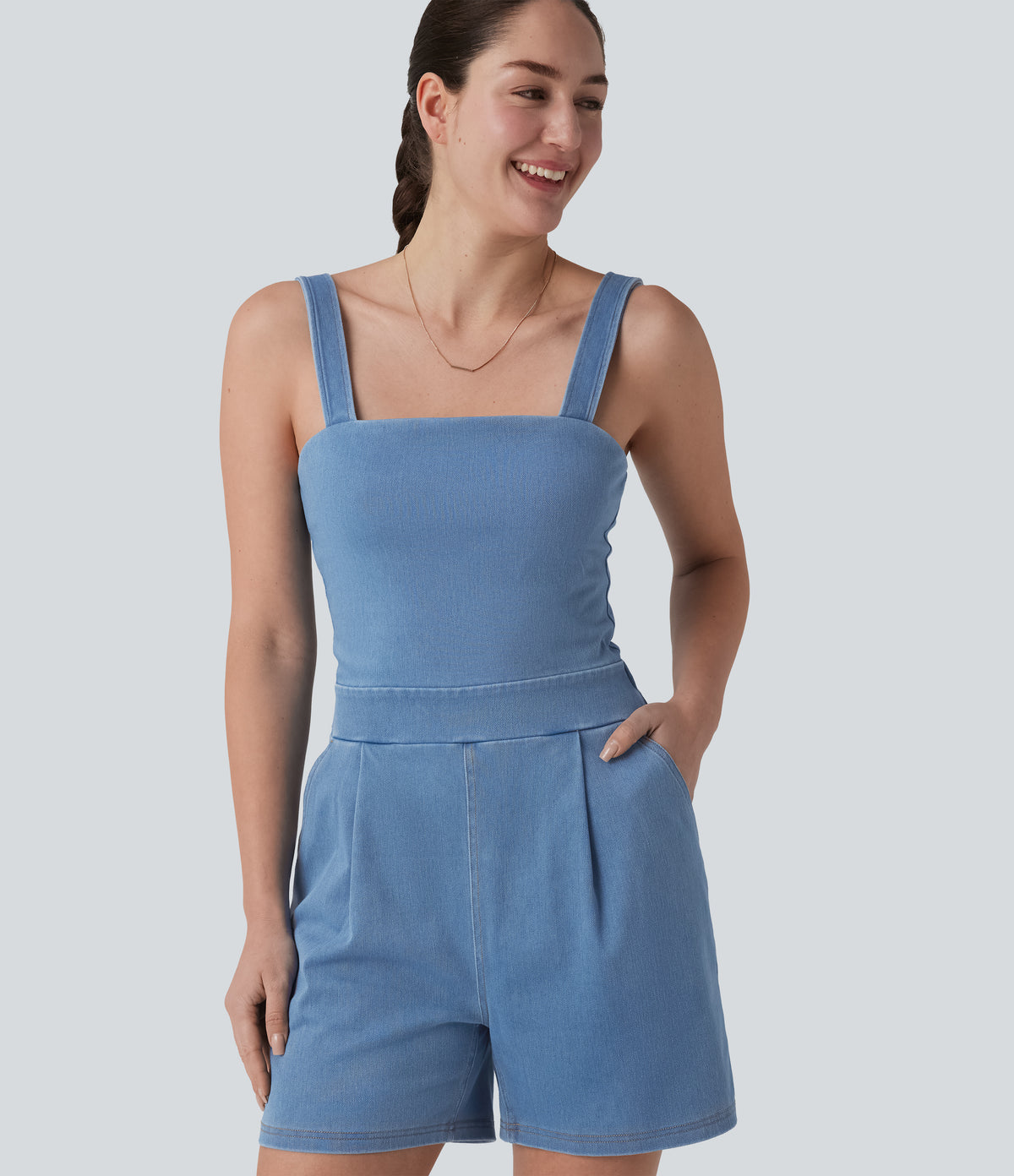 Denim Square Neck Sleeveless Casual Playsuit with Pockets — Vallarta Blue Denim — view 5